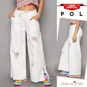 POL High Rise Distressed Adjustable Drawstring Side Slit Wide Leg Pants | White